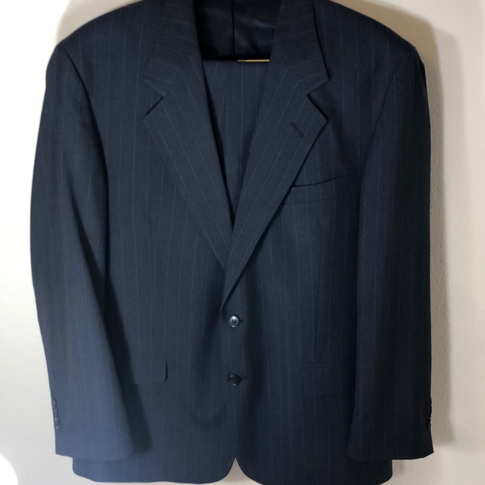 Mens Wool Navy Pinstripe Suit - 44L
